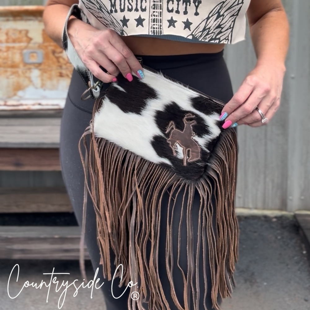 Cowhide Fringe Wristlet Clutch in Black & White